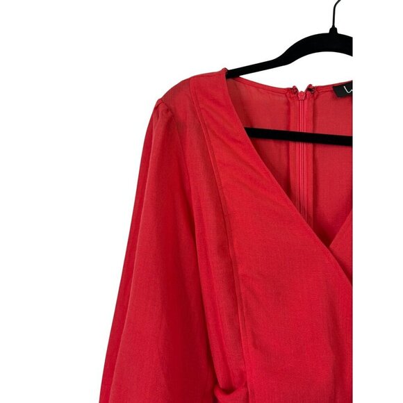 Lulus Women's Faux Wrap Dress Red Puffed Sleeve Button Accents Tie Size S - Picture 3 of 14